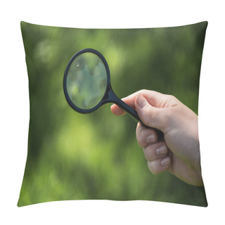 Personality  Partial View Of Woman With Magnifying Glass In Hand On Green Blurred Backdrop Pillow Covers