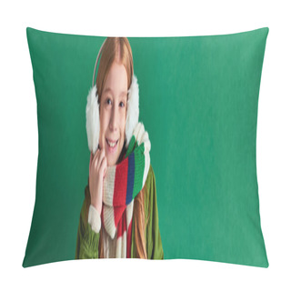 Personality  Preteen Girl In Ear Muffs, Striped Scarf And Winter Outfit Smiling On Turquoise Backdrop, Banner Pillow Covers