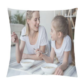 Personality  Happy Mother And Daughter Eating Cereal Meal While Lying On Yoga Mats Pillow Covers