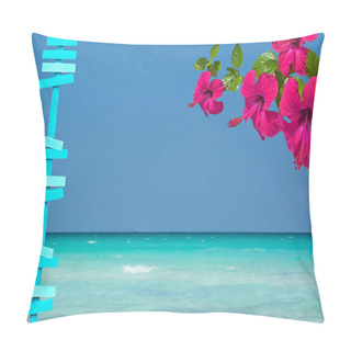Personality  Beautiful Ocean Landscape With Sea Sky And Horizon And Red Hibiscus Flowers Turquoise Wooden Signpost Decor Background Pillow Covers