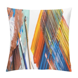 Personality  Top View Of Paintbrushes And Abstract Colorful Brushstrokes On Paper On White Background, Panoramic Shot Pillow Covers