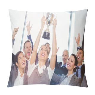 Personality  Winning Business Team With An Executive Holding Trophy Pillow Covers