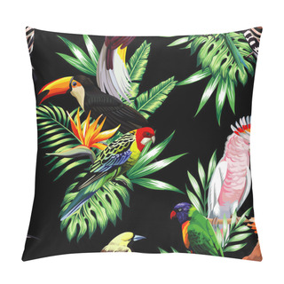 Personality  Tropical Birds And Palm Leaves Seamless Black Background Pillow Covers
