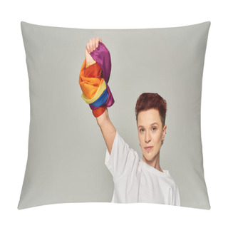 Personality  Confident Redhead Bigender Person In White T-shirt And Jeans Standing With LGBT Flag On Grey Pillow Covers