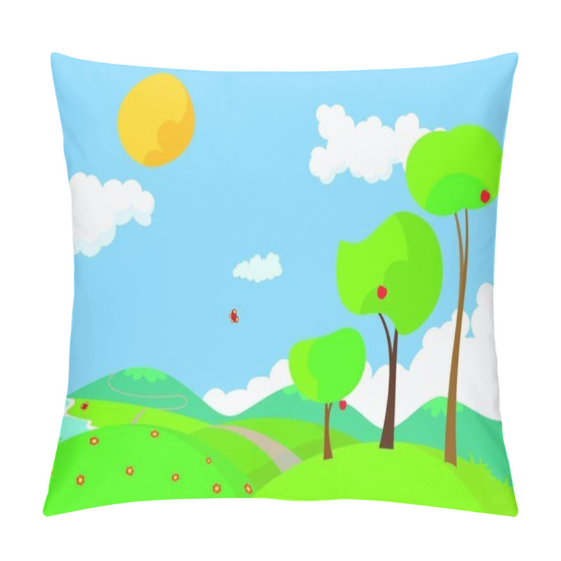 Personality  Vector illustration of a landscape with colorful flowers and trees in the summertime. pillow covers