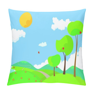 Personality  Vector Illustration Of A Landscape With Colorful Flowers And Trees In The Summertime. Pillow Covers