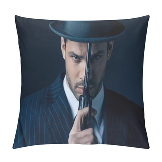 Personality  Portrait Of Gangster Holding Gun In Front Of Face On Dark Blue Pillow Covers