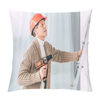 Personality  Man In Beige Cardigan Climbing With Screwdriver On Ladder At Home Pillow Covers