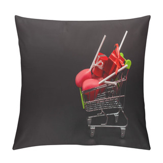 Personality  Shopping Cart With Valentines Gifts And Lollipops Isolated On Black Pillow Covers