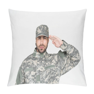 Personality  Portrait Of Confident Bearded Soldier In Military Uniform Saluting Isolated On Grey Pillow Covers