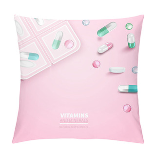Personality  Collection Of Colorful Scattered Pills And Capsules. Vector Medication And Pill Box On Pink Background.Design For Poster, Packaging, Brochure. Pillow Covers