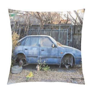 Personality  Almaty, Kazakhstan - November 07 2020: Blue Abandoned Semi-disassembled Car Pillow Covers