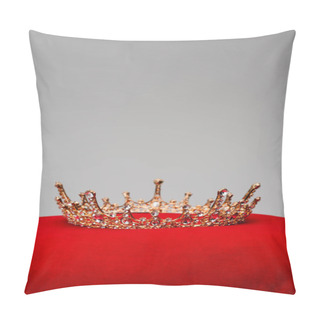 Personality  Golden Royal Crown On Red Velvet Cushion Isolated On Grey Pillow Covers