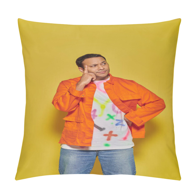 Personality  Portrait Of Pensive Indian Man In Orange Jacket Posing With Hand On Hip On Yellow Background Pillow Covers