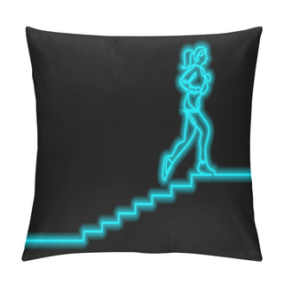 Personality  One Line Drawing Of Woman Running On Stairs With Neon Vector Effect Pillow Covers