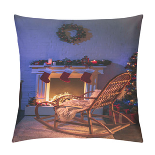 Personality  Fireplace With Christmas Decorations Near Christmas Tree And Wooden Rocking Chair  Pillow Covers