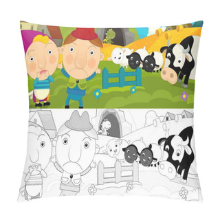Personality  Cartoon Scene With Sketch With Farmers Ranchers On Pastures - Illustration For Children Pillow Covers