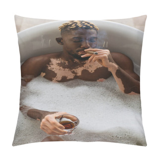 Personality  Top View Of African American Man With Vitiligo Smoking Cigar And Holding Whiskey In Bath With Foam  Pillow Covers