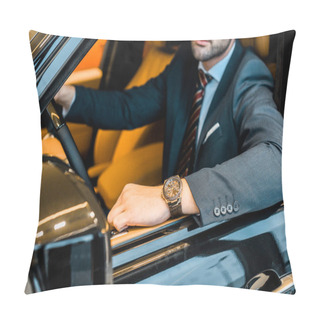 Personality  Partial View Of Businessman With Luxury Watch Sitting In Automobile Pillow Covers