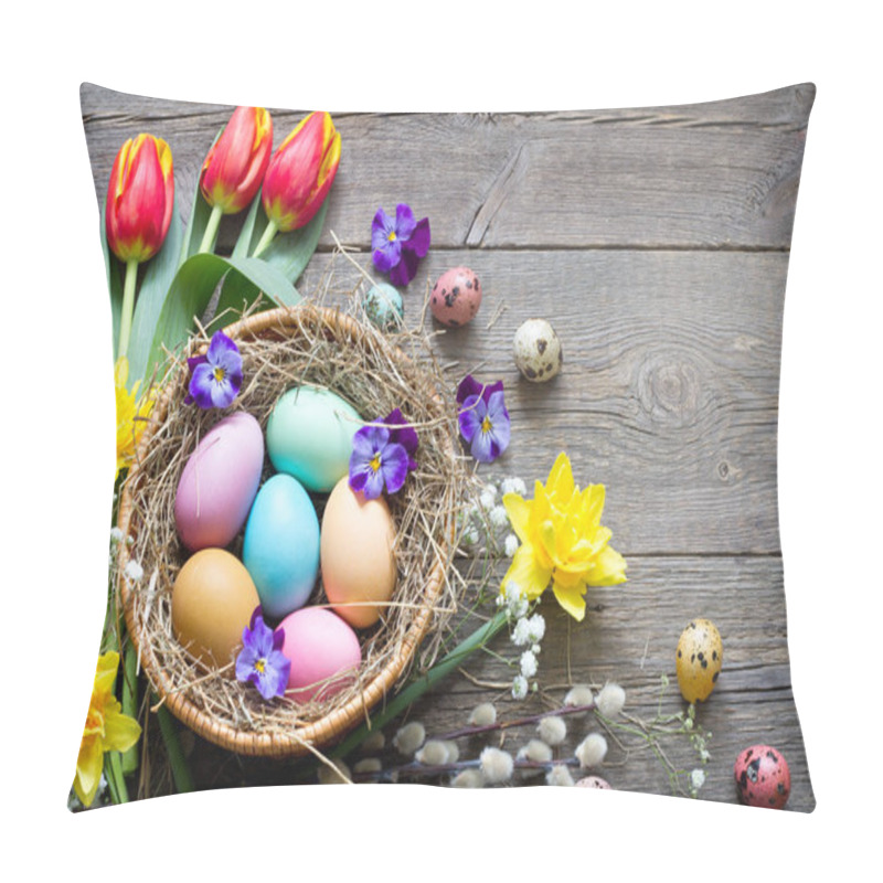 Personality  Easter Colorful Eggs In The Nest With Flowers On Vintage Wooden Boards And Empty Space Pillow Covers