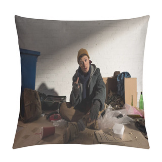 Personality  Homeless Man Showing Middle Finger While Sitting On Rubbish Dump Pillow Covers