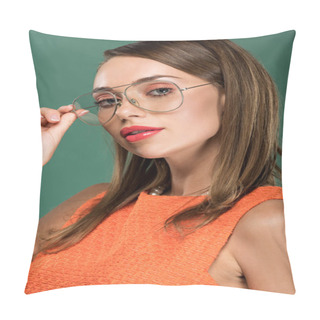 Personality  Beautiful Stylish Woman In Orange And Glasses Looking At Camera And Posing Isolated On Green Pillow Covers