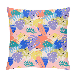 Personality  Seamless Pattern With Abstract Watercolor Stains, Tropical Leaves, Paint Brushes Freehand Strokes Pillow Covers