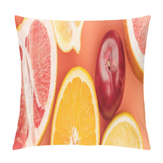 Personality  Top View Of Citrus Fruits Halves And Apple On Orange Background, Panoramic Shot Pillow Covers