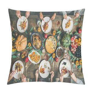 Personality  Thanksgiving, Friendsgiving Holiday Celebration. Flat-lay Of Friends Eating Meals At Thanksgiving Day Table With Turkey, Pumpkin Pie, Roasted Vegetables, Fruit, Rose Wine, Top View Pillow Covers