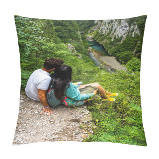 Personality  High Angle View Of Couple Looking At Piva River In Piva Canyon, Montenegro Pillow Covers