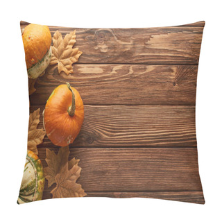 Personality  Top View Of Small Pumpkins On Brown Wooden Surface With Dried Autumn Leaves Pillow Covers