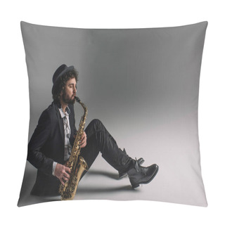 Personality  Handsome Jazzman Playing Saxophone While Sitting On Floor Pillow Covers