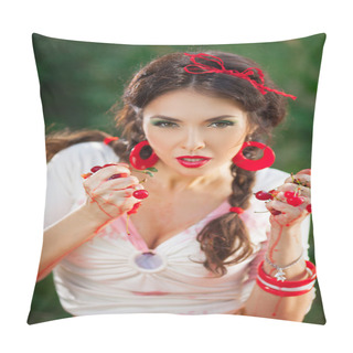 Personality  Sensual Girl With Red Lips Playing Cherry, Pin-up Retro Style Pillow Covers