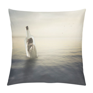Personality  Surreal Bottle With A Woman Curled Up At The Mercy Of The Ocean Inside, Abstract Concept Pillow Covers