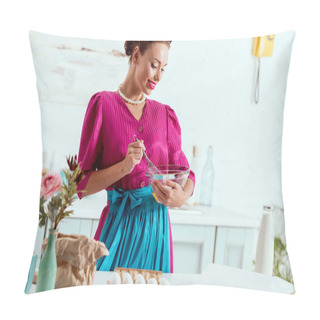 Personality  Pretty Pin Up Girl Mixing Pastry Ingredients In Glass Bowl While Standing By Kitchen Table Pillow Covers