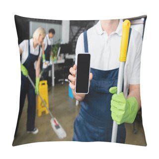 Personality  Cleaner Holding Smartphone And Mop In Office  Pillow Covers