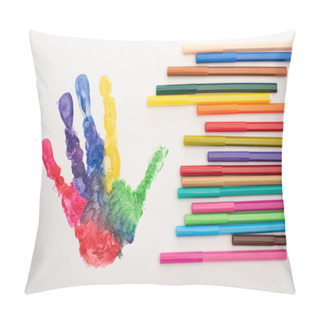 Personality  Top View Of Colorful Handprint And Markers On White For World Autism Awareness Day Pillow Covers