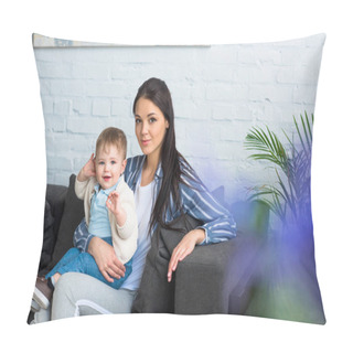 Personality  Mother With Adorable Baby Boy On Hands Sitting On Sofa At Home Pillow Covers