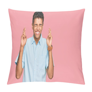 Personality  Young Handsome African American Man Wearing Casual Clothes Gesturing Finger Crossed Smiling With Hope And Eyes Closed. Luck And Superstitious Concept.  Pillow Covers