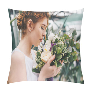 Personality  Profile Portrait Of Beautiful Young Red-haired Bride Holding Wedding Bouquet  Pillow Covers
