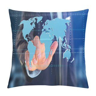 Personality  View Of A Businessman Holding A Connected World Map On A Futuristic Interface - 3d Render Pillow Covers