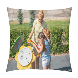 Personality  Kids Playing With Toy Flowers Near Happy Mom Outdoors Pillow Covers