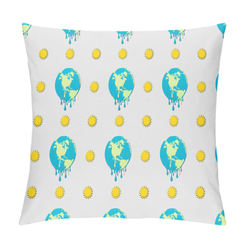 Personality  pattern with melting globes and sun signs on grey background, global warming concept pillow covers