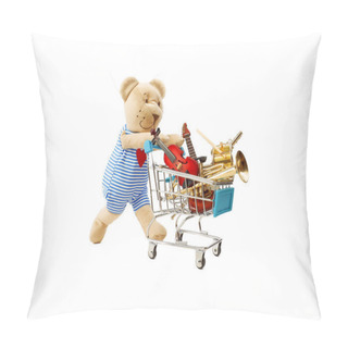 Personality  A Toy Bear Is Pushing A Shopping Trolley With A Lot Of Musical Instruments. Isolated On White.... Pillow Covers