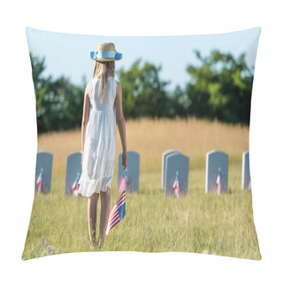 Personality  Back View Of Kid In White Dress Standing On Graveyard With American Flag  Pillow Covers