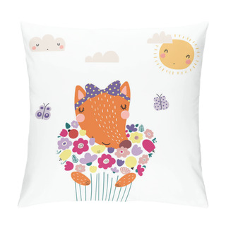 Personality  Hand Drawn In Scandinavian Style Of Cute Funny Fox Holding Bouquet Of Flowers With Butterflies, Spring Concept, Vector, Illustration  Pillow Covers