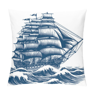 Personality  Old-fashioned Wooden Sailboat Sailing Across Waves Vector Stipple Illustration Pillow Covers