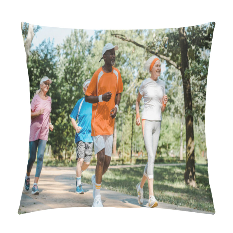 Personality  Happy Multicultural And Retired Men And Women Running In Park  Pillow Covers