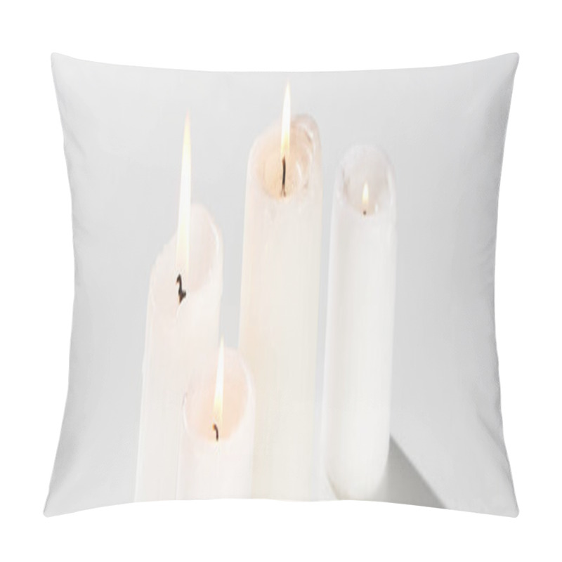 Personality  Burning Candles Glowing On White Background With Shadow, Panoramic Shot Pillow Covers