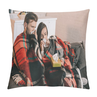 Personality  Sick Young Couple With Paper Napkins Sneezing While Sitting On Couch Under Plaid At Home Pillow Covers